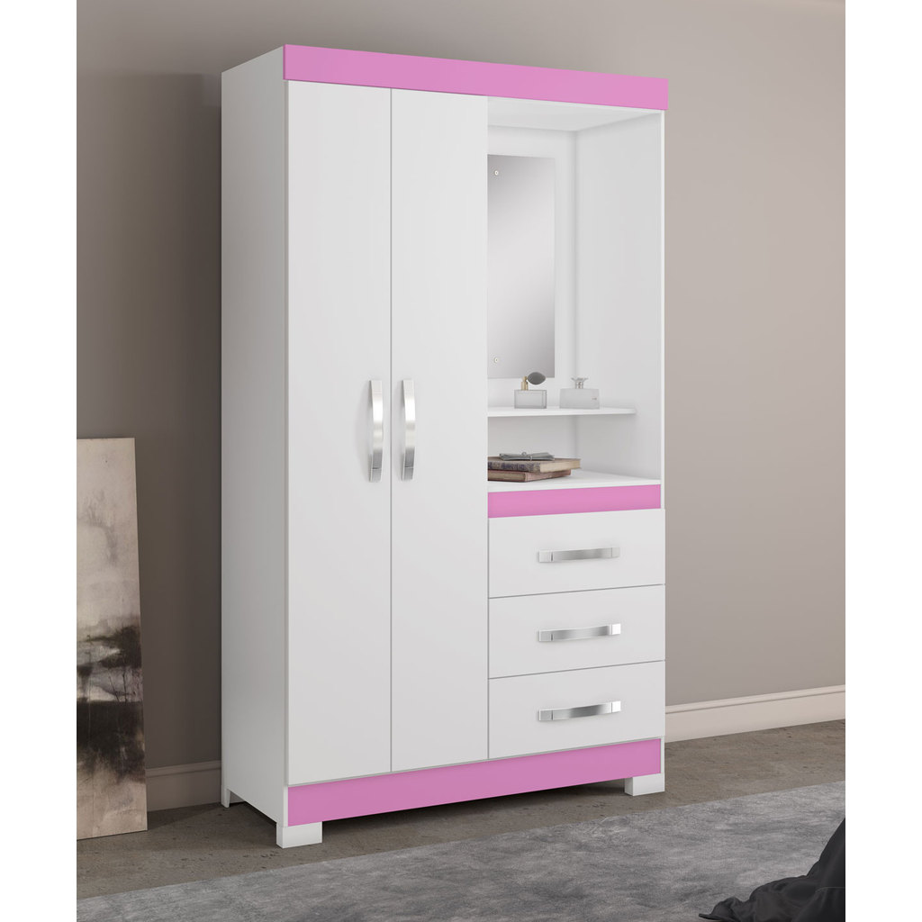 Guarda-Roupa Para Quarto Solteiro Moderno Denali 2 Portas 3 Gavetas com Espelho Rosa - MoveisAqui