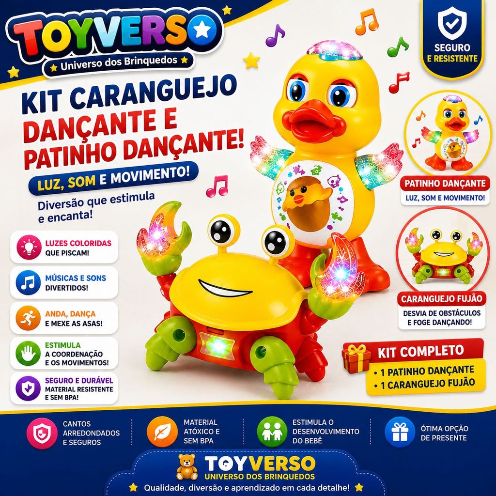 Kit Caranguejo Fujão e Patinho Dançante Brinquedos Infantil C/ Luz E Som + Movimento
