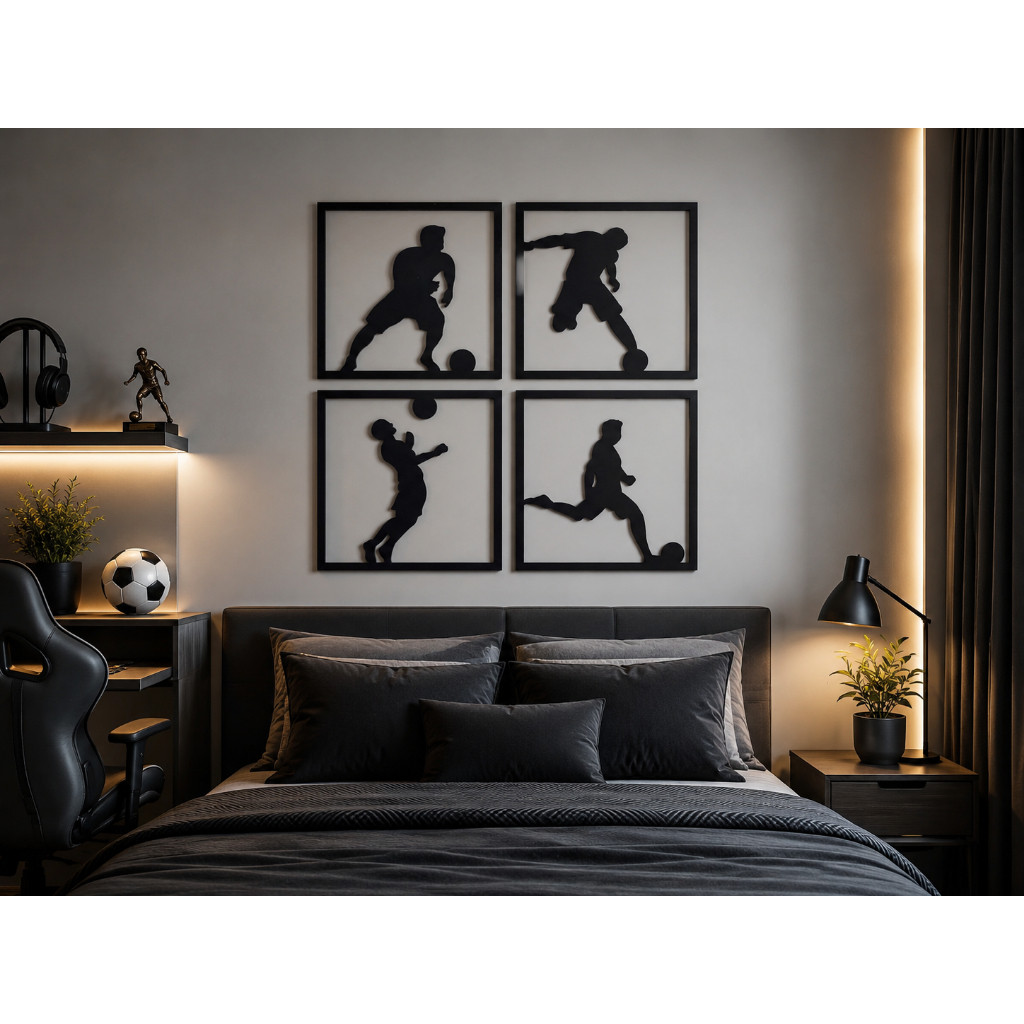 Kit 4 Placas Decorativas Futebol MDF Preto 3mm Quarto Sala Escritório Gamer 30x30 15x15