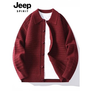 JEEP SPIRIT Lapela Cardigan Suéter Masculino 2026 Outono Tendência Ano Novo Vermelho Malhas Jaqueta Masculina