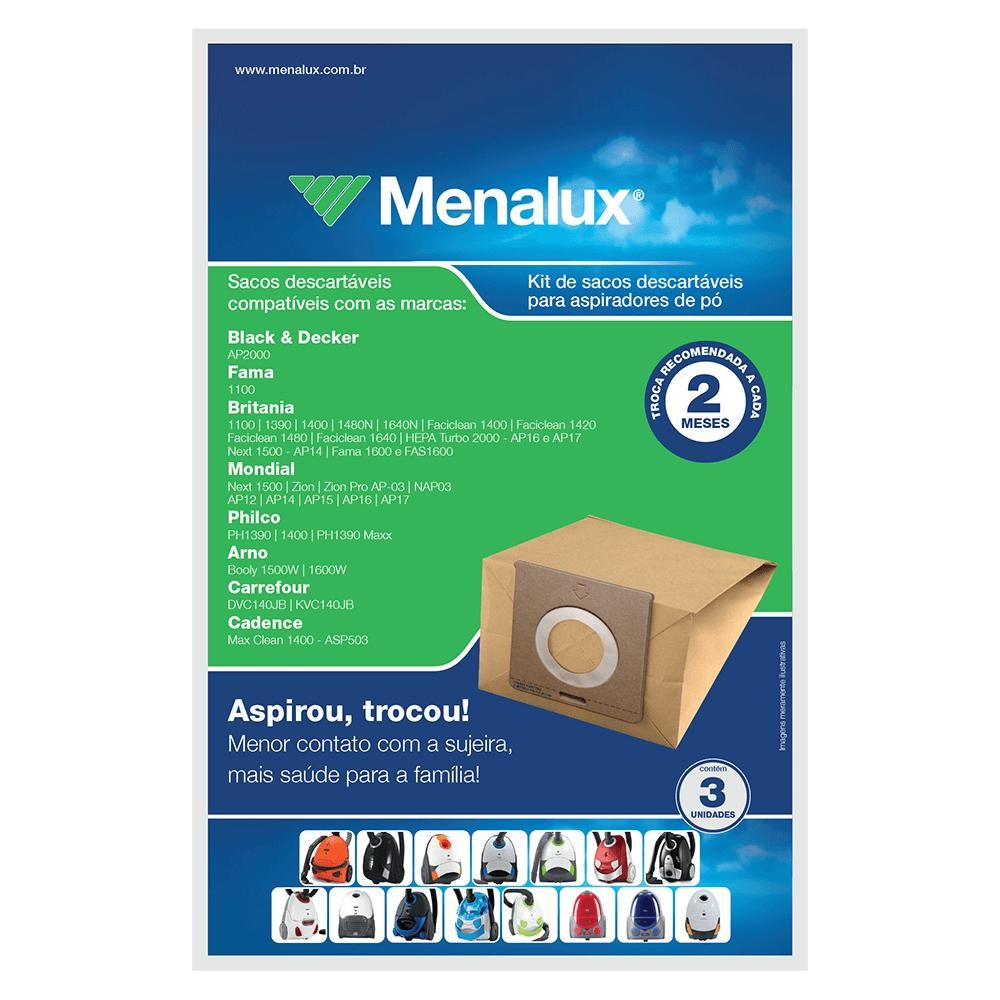Kit 3 Sacos Descartáveis Menalux para Aspirador de Pó (SIM01)