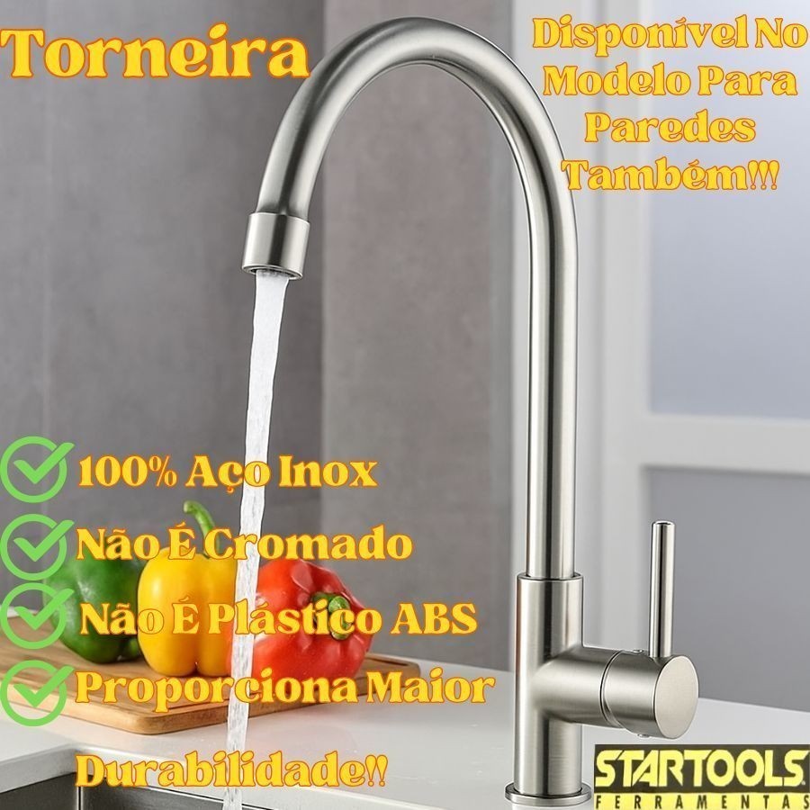 Torneira 100% Aço Inox Para Mesa 35Cm Ou Parede 30Cm Giratória Longa Para Cozinha Curva Startools