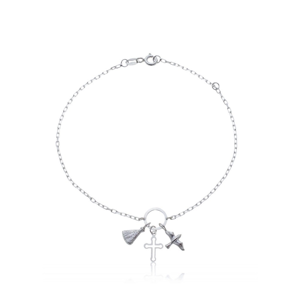 Pulseira Prata Religiosa Divino Cruz Nossa Senhora Espirito Santo 20cm Prata 925