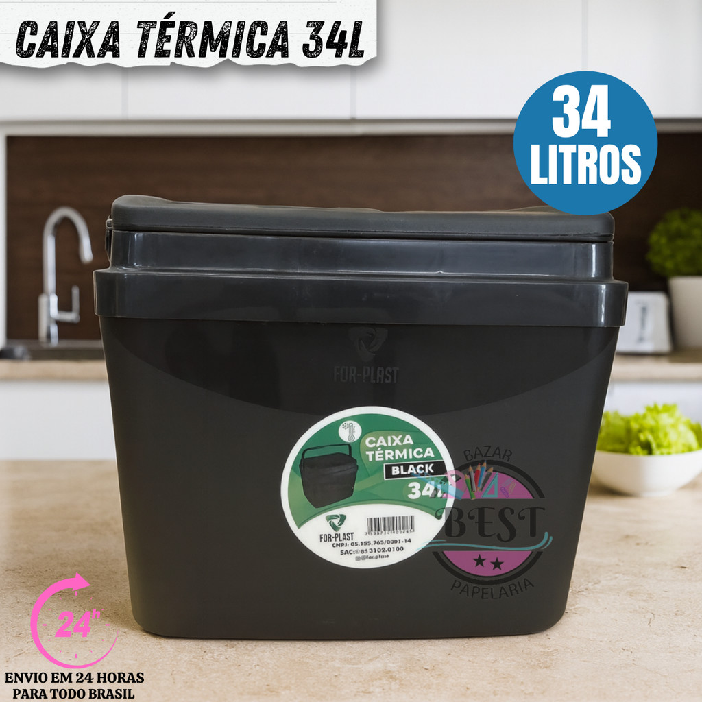 Caixa 34 Litros Black Térmica Cooler Resistente  Com Alça Porta Copos Praia Camping