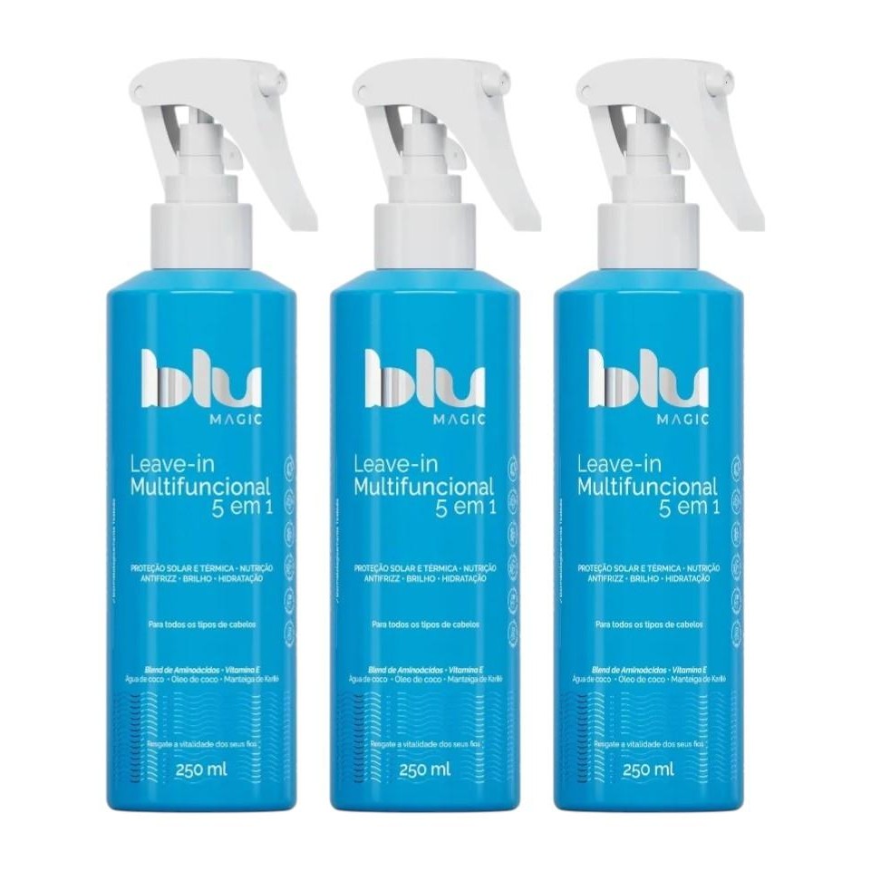 Kit Protetor Solar Capilar Blu Magic Leave-in Multifuncional 5 Em 1 Com 3 Unidades De 250ml Cada