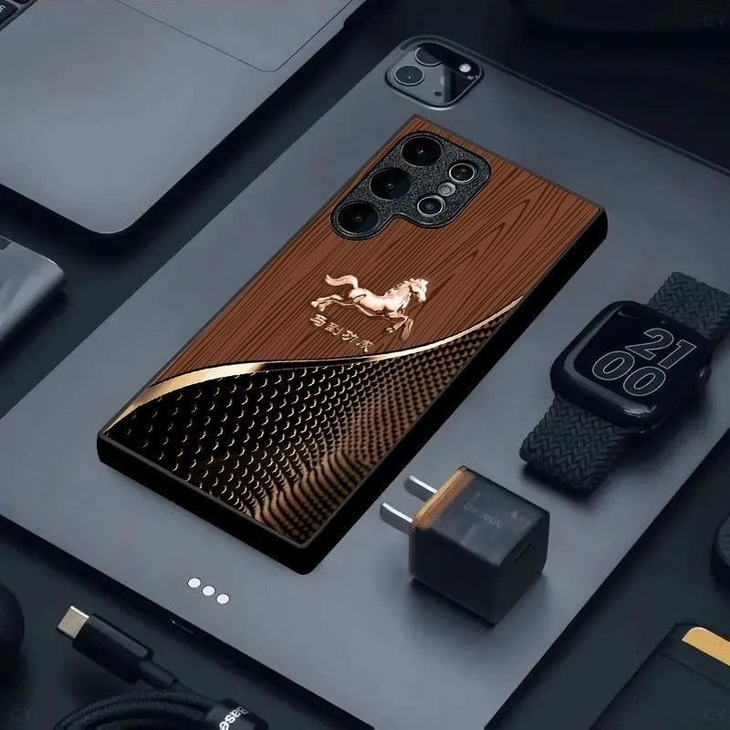 Grão De Madeira Tigre Cavalo design Caso De Telefone Vidro Para Samsung Galaxy S20 S21 S22 S23 S24 S25 Ultra Plus S23FE - detalhe