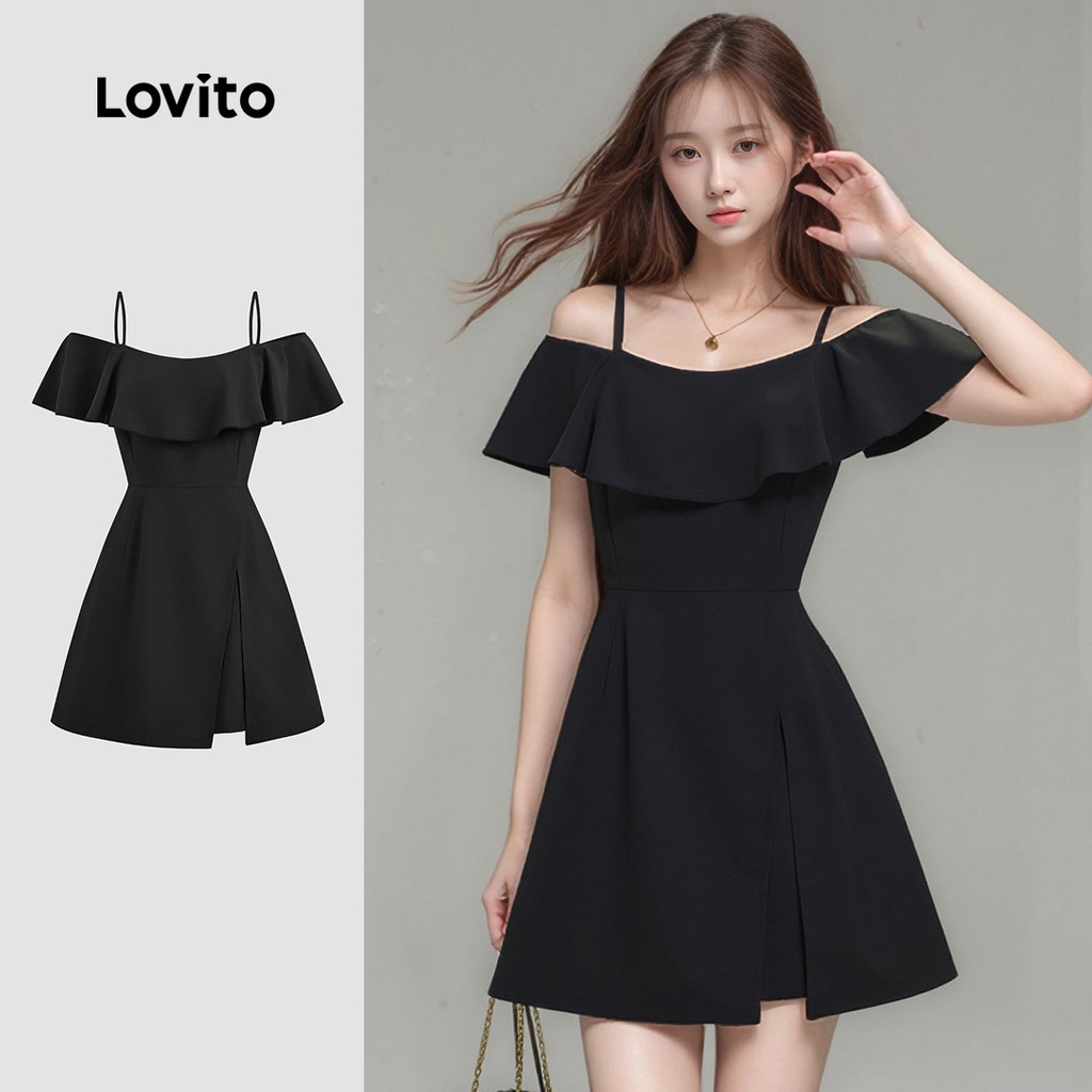 (New) Lovito Macacão Casual de Dupla Camada com Babados Primavera/verão Preto para Mulheres L149ED109 em Oferta na Shopee