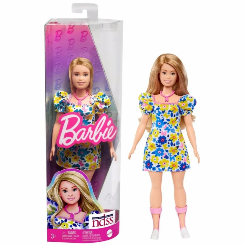 Boneca Barbie Coleção Fashionista 208 Loira Vestido Florido Sindrome de Down NDSS Mattel