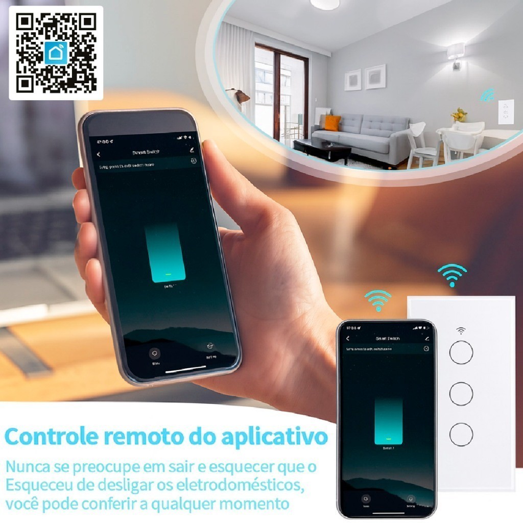 Detalhes do Kit 3 Interruptor Inteligente de Toque Wifi Com 2 Botões Controle por Aplicativo Alexa Tuya e Google