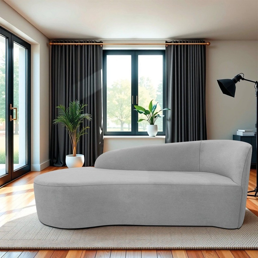 Recamier Curvo Orgânico 160cm 2 Lugares Lado Esquerdo para Sala de Estar Linho Paris Cinza Claro Cinza/Claro