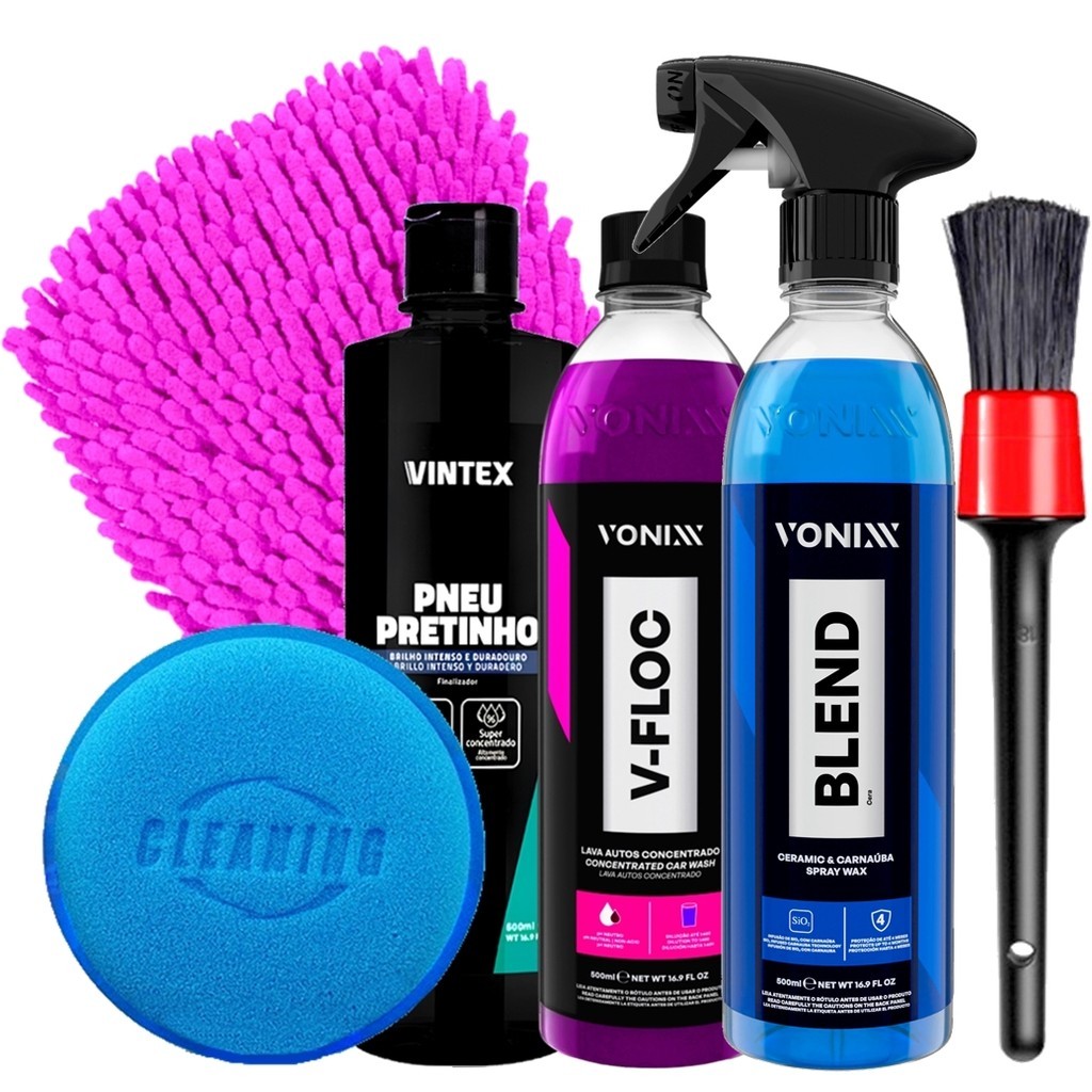 Kit Vonixx Alto Brilho Cera Blend Spray Shampoo V-Floc Pneu Pretinho Luva Microfibra Pincel Aplicador Espuma Karbox