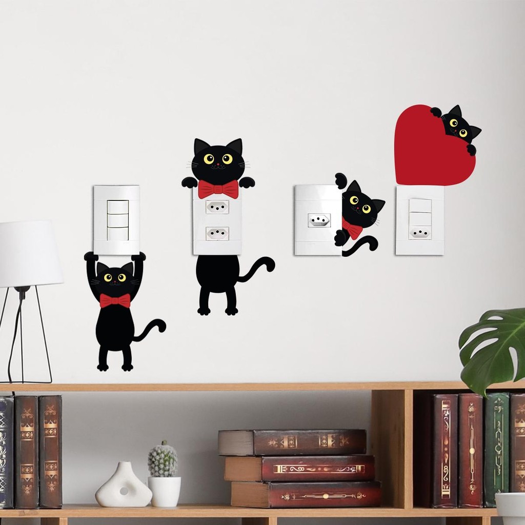 Adesivo Tomada 02 Gatos Pretos Gravata Coração Kit 4