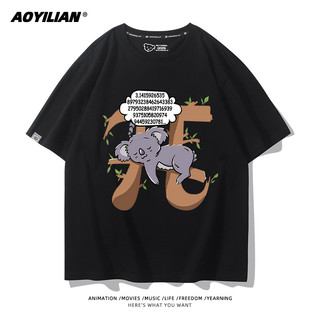 Camiseta Preta Unissex com Estampa de Coala e Números Pi, Estilo Desportivo