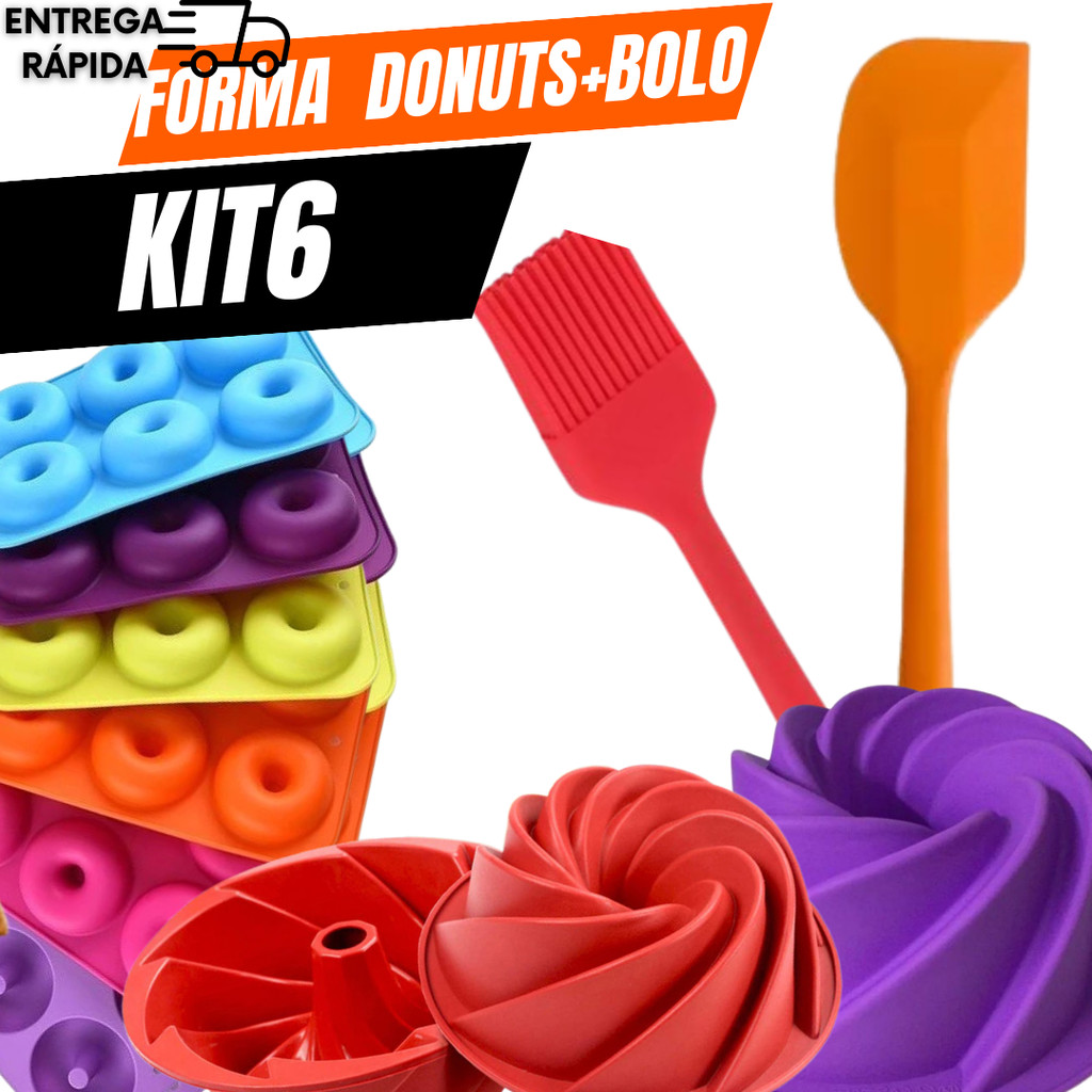 Kit 6 Formas de Silicone Donuts + Forma de Bolo +Espátula de Silicone + Pincel de Silicone Confeitaria, Forno e Airfryer