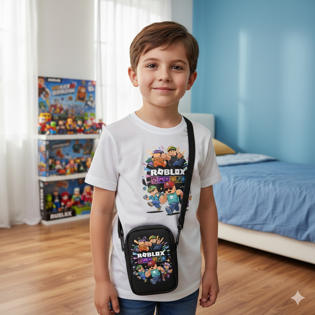 Kit  dia das crianças Camiseta Infantil Roblox + Bolsa Bag – Tema Festa Gamer Unissex Branca