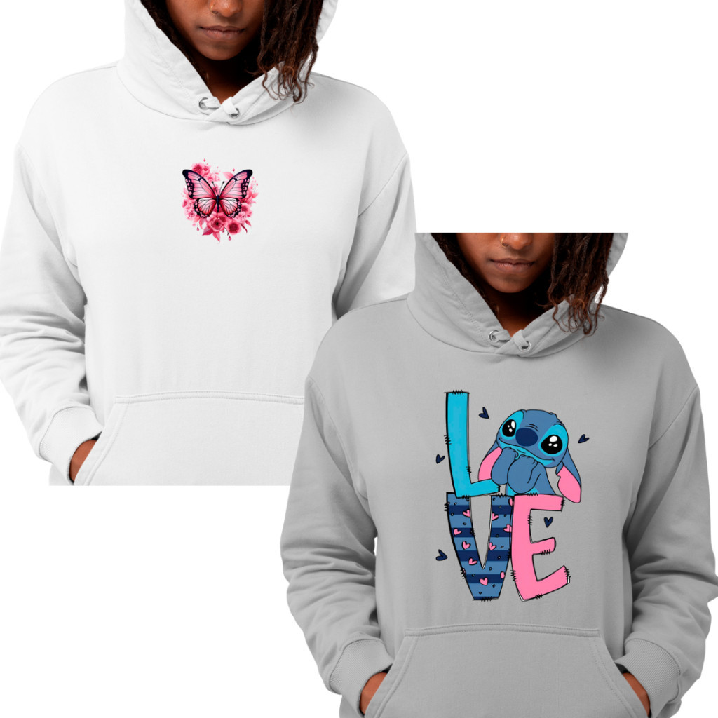 Kit 2 Blusa De Frio Moletom Estampa Borboleta E Lilo Stitch Love Algodão Flanelado Lançamento