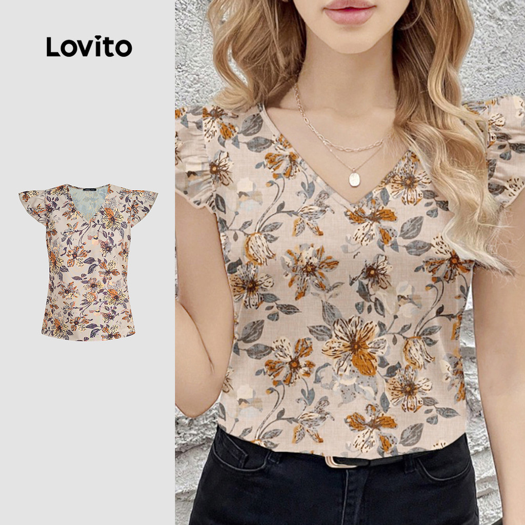 (NEW) Lovito Blusa Casual de Babado com Flores Primavera/verão para Mulheres L155ED739 em Oferta na Shopee