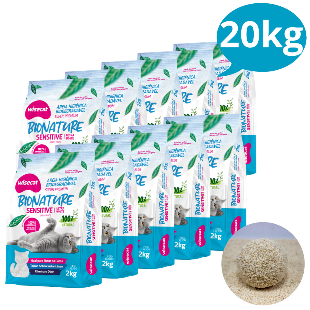 Kit 10 Areia Sanitária Higiênica p Gatos Natural Vegetal Mandioca Sensitive Grãos Finos Wi...
