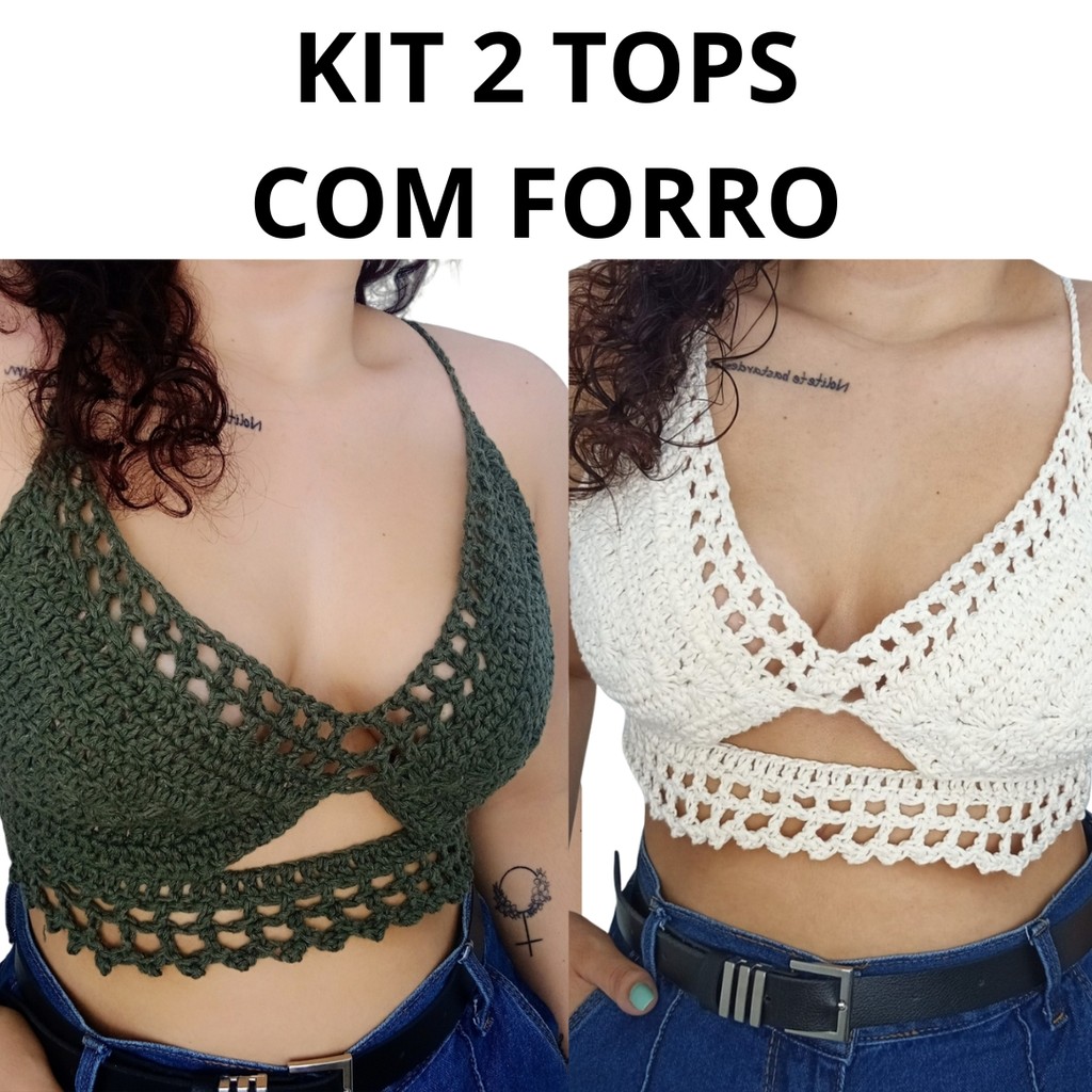 KIT 2 Top Cropped em Crochê Com Forro em Oferta na Shopee