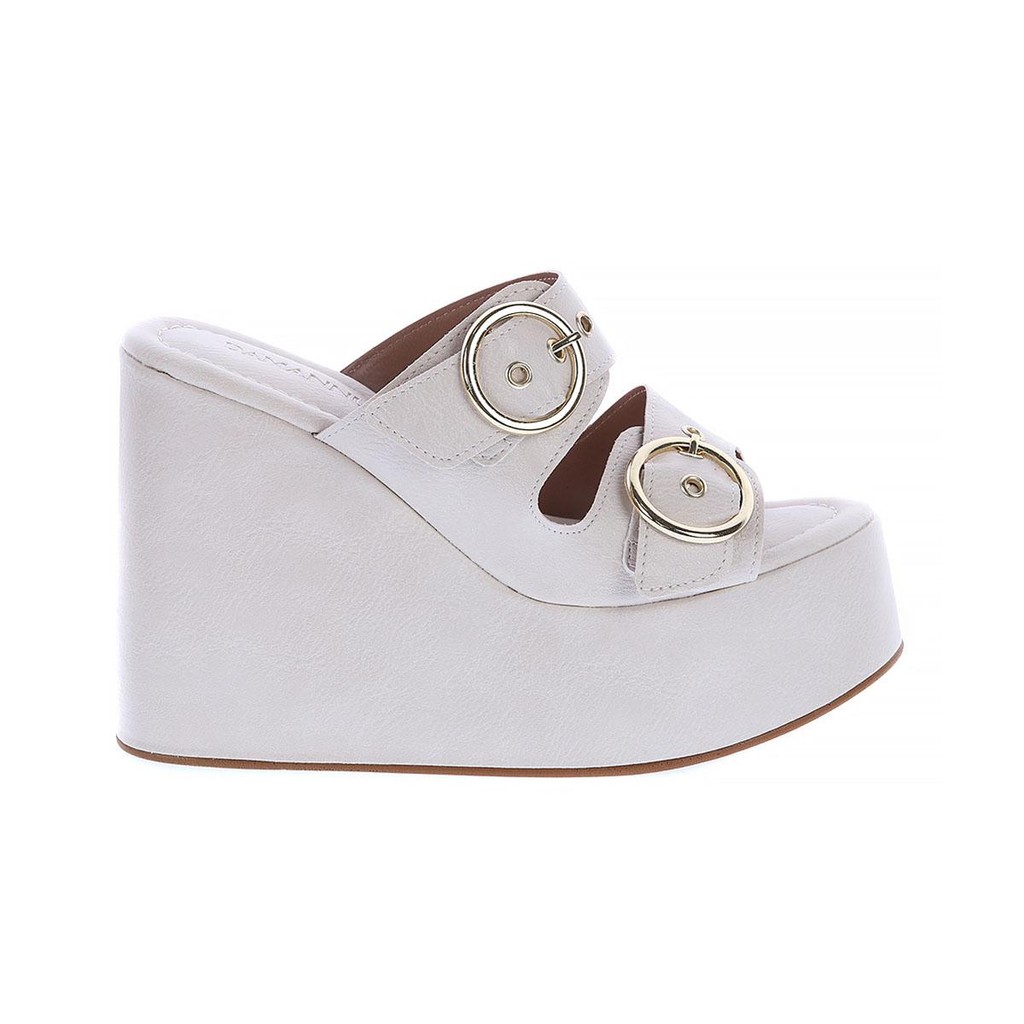 Luany - Tamanco Plataforma Off White com Fivelas Douradas