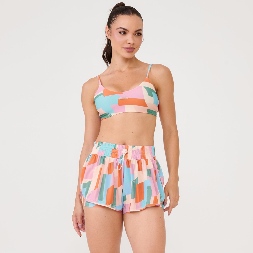 Short Soltinho Com Pregas Estampa Blossom Poliamida Soft