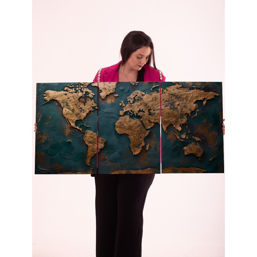 Quadro Mapa Mundi Decorativo 3 Peças Painel Tripartido Luxo Continentes Dourados Fundo Azul Petróleo
