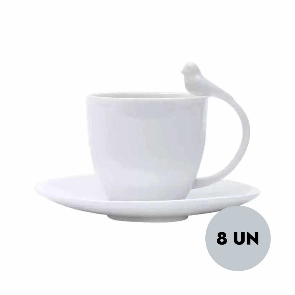 Jogo 8 Xícaras Porcelana p/ café com pires Birds Wolff 85ml