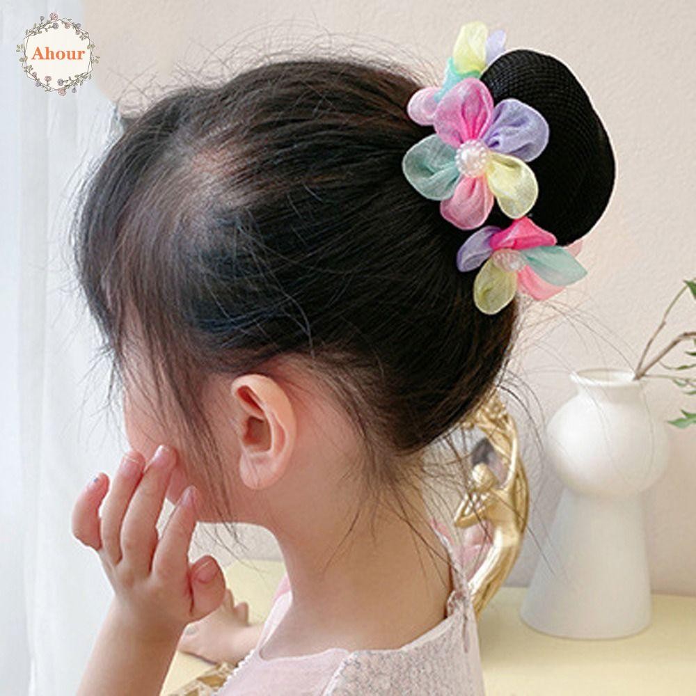 Rede De Coque Infantil AHOURSG , Cabelo Com Flor De Pérola Arco-Íris , Scrunchies Doces , Contas De Malha , Balé , Festa