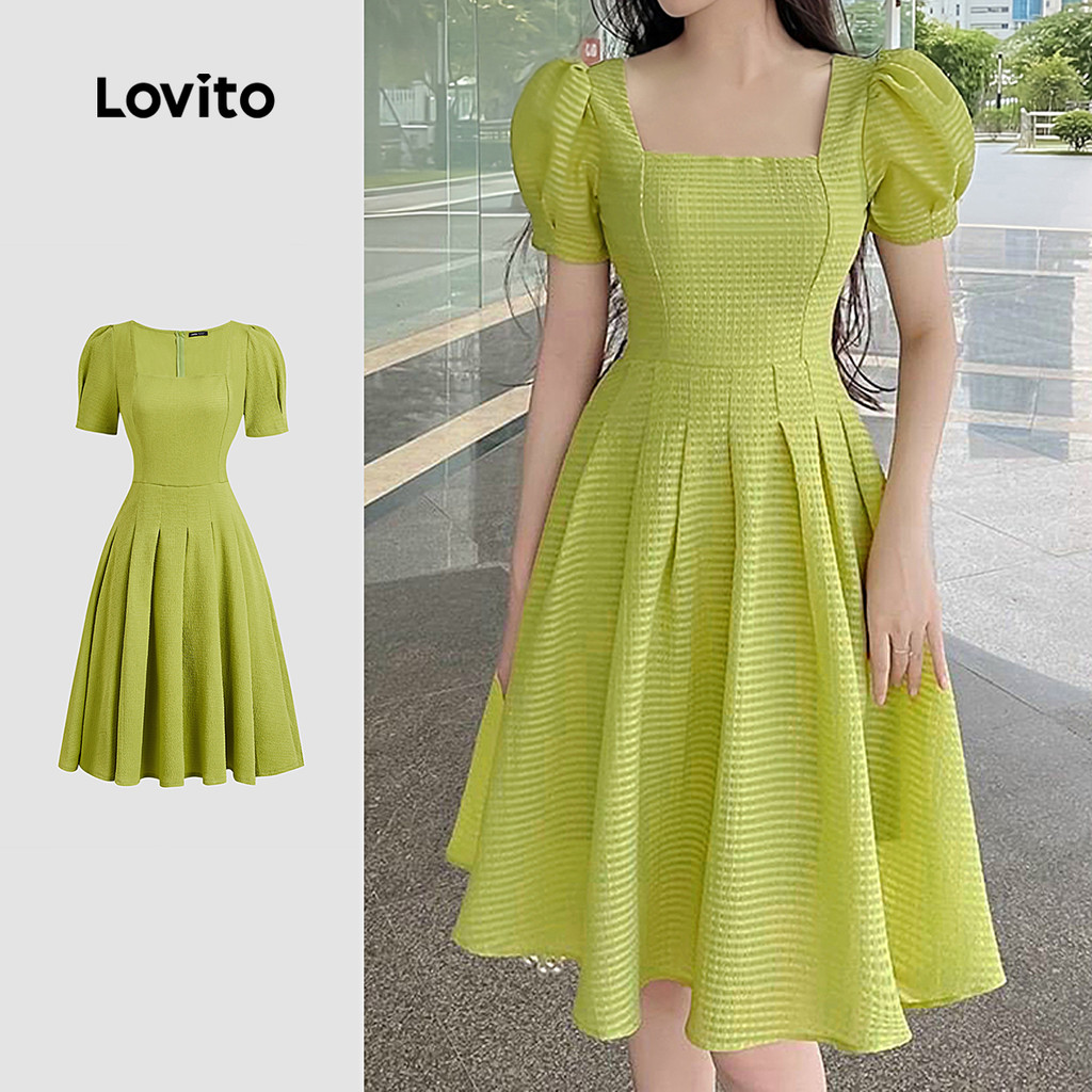 Lovito Vestido Casual Plissado com Textura Agradável Primavera/verão Verde para mulheres L137ED721