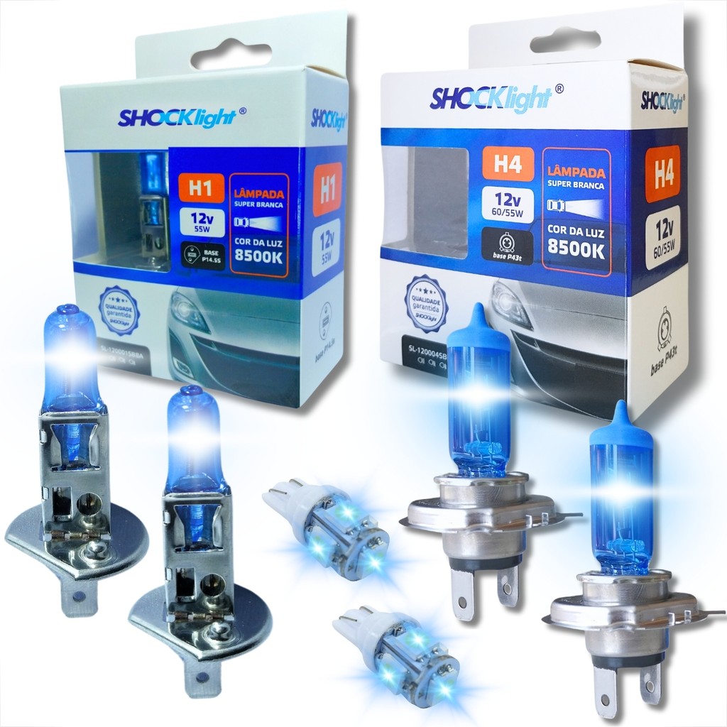 KIT PAR LÂMPADA H4 8500K SUPER BRANCA + PAR H1 8500K + PAR T10 LED FAROL