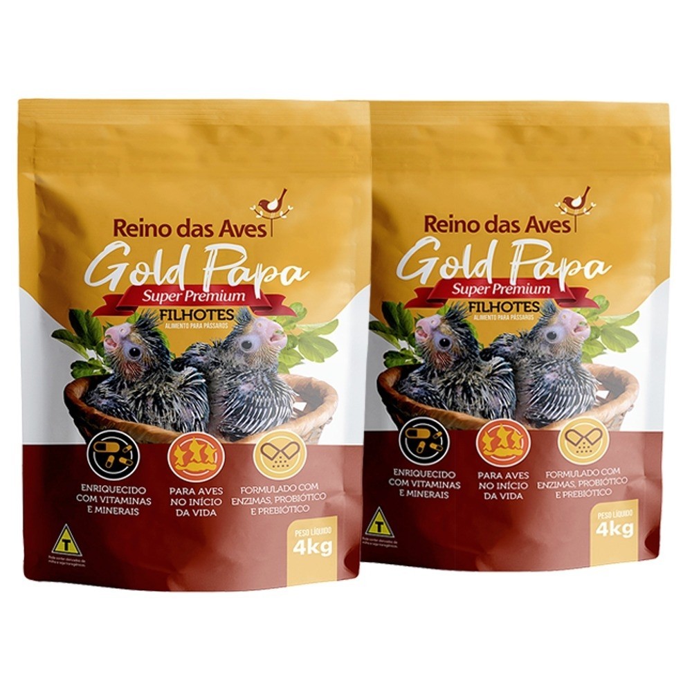Kit 2 Papa Para Pássaros Filhotes Reino das Aves Alimento Gold 4kg Calopsita Papagaio Curió Periquito Canário