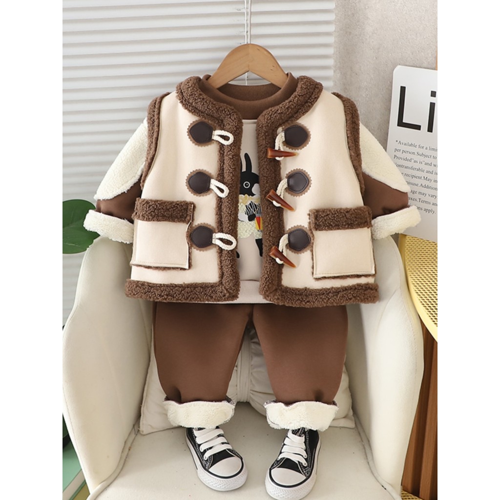Meninos inverno moletom terno 1-2-3 anos de idade bebê inverno colete conjunto de três peças forro de lã das crianças ou