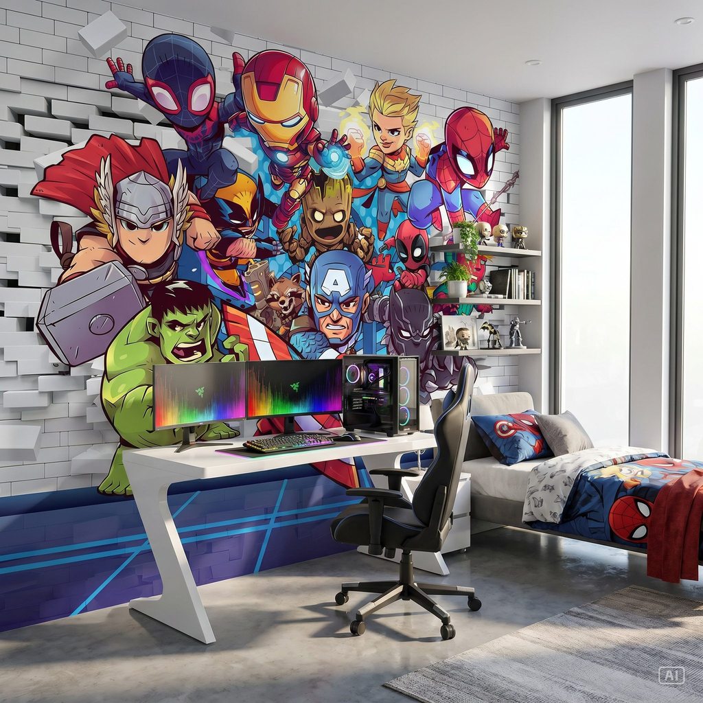Papel de Parede Super Heróis Marvel Vingadores Tijolinho 3D Buraco na Parede PAREDE TODA