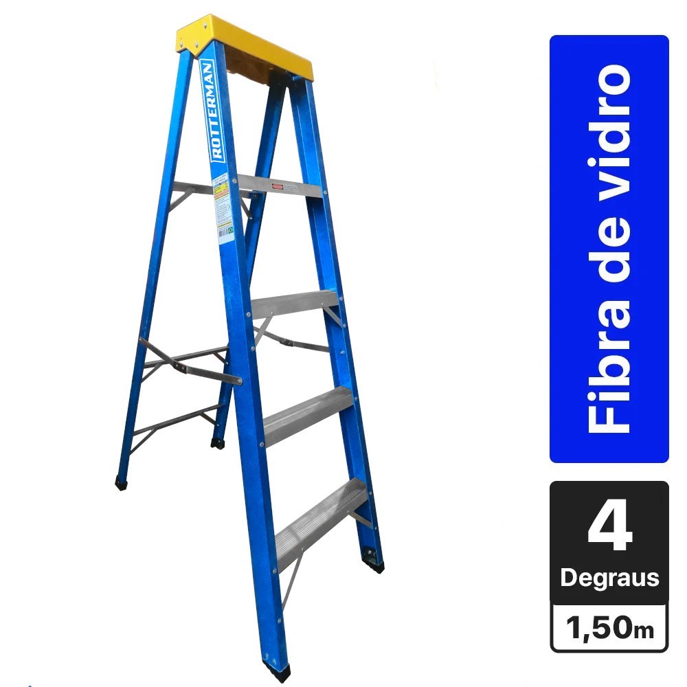 Escada tesoura simples em fibra de vidro 4 degraus + patamar 1,50 m- Premium Rotterman