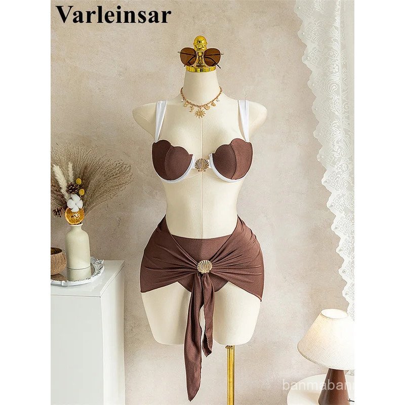 S - XL 3PCS Com Saia Biquíni Com Aro Feminino Roupa de Banho Feminina Conjunto de Biquíni de Três Peças Biquíni de Praia