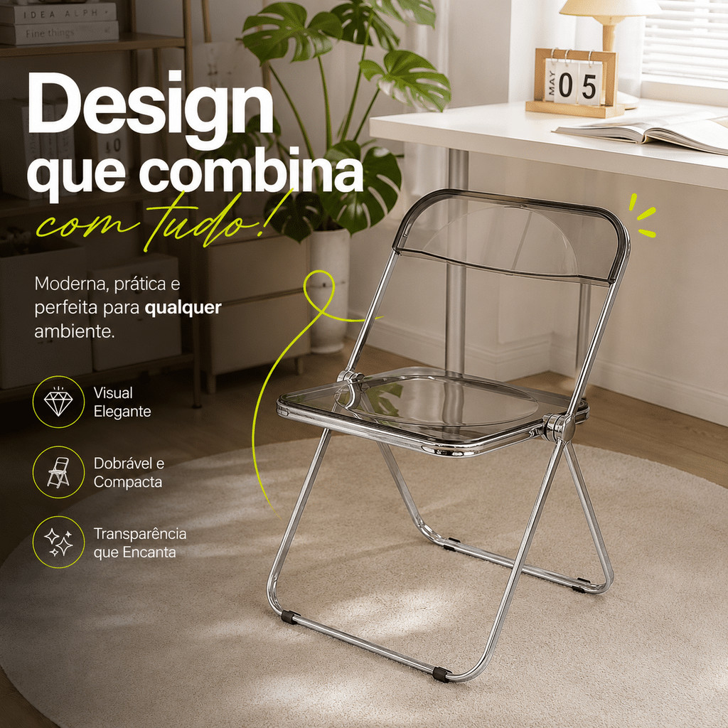 Cadeira/mesa dobrável simples em acrílico transparente, ideal para tirar fotos em lojas de roupas.