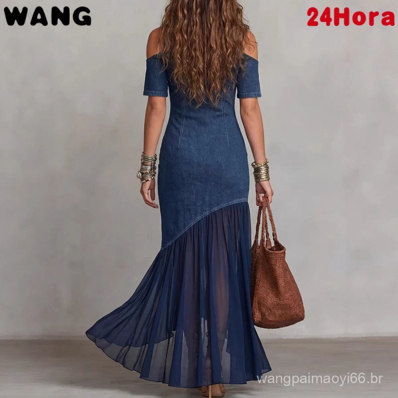 Vestido Longo Feminino de Cor Sólida com Ombros Descidos, Manga Curta e Barra em Tule Francês