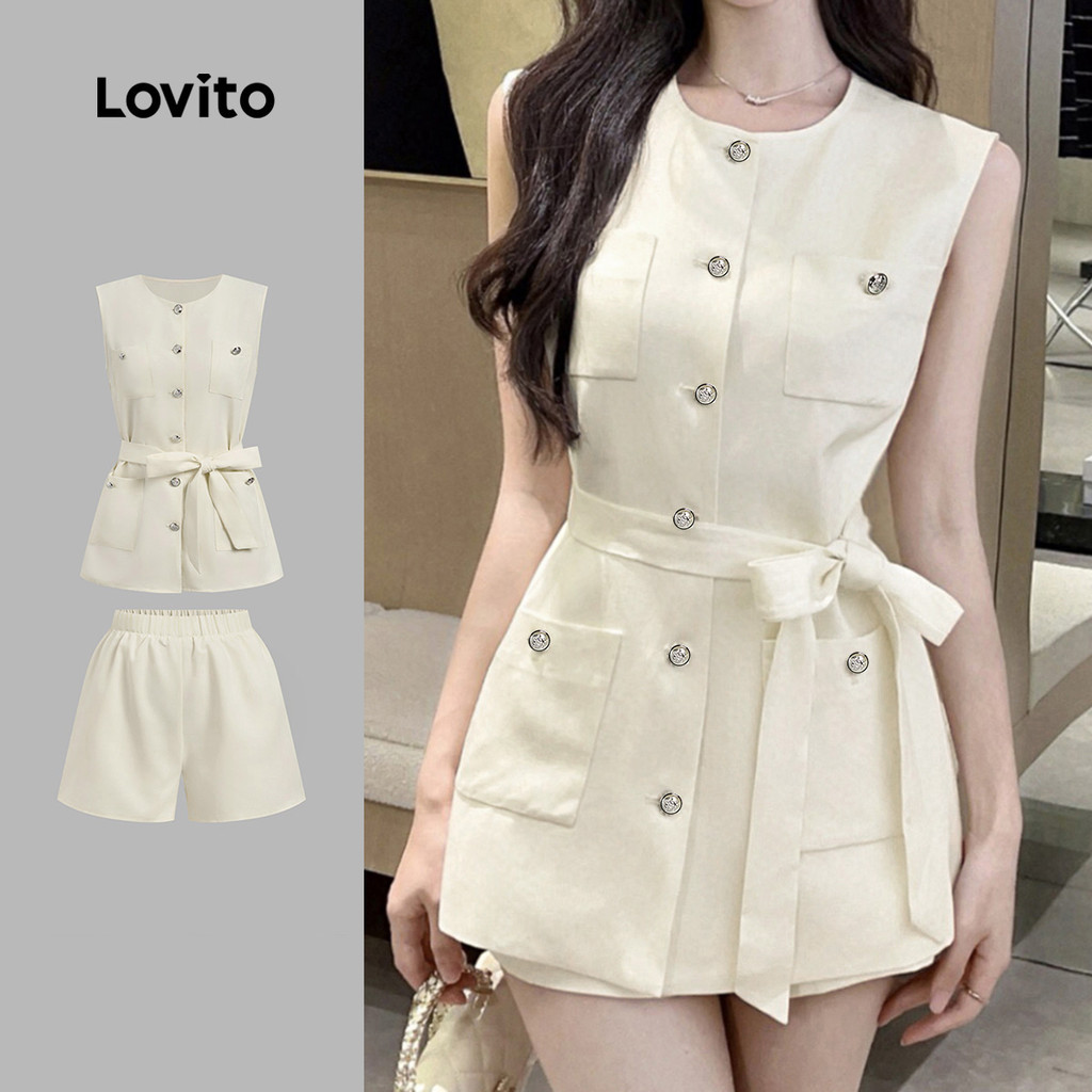 Lovito Elegante Tops ou calças com bolso e botão com cinto primavera/verão damas