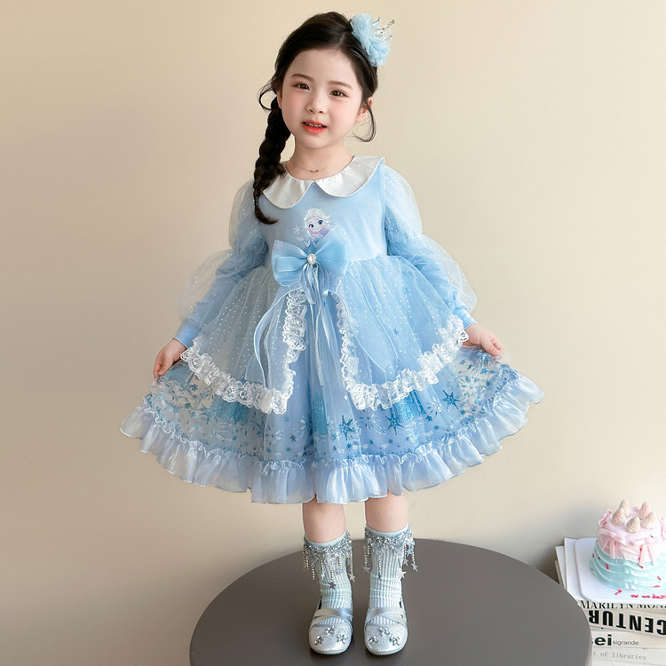 Primavera outono 3 menina elsa princesa vestido de manga comprida gaze vestido de aniversário Lolita elsa vestido