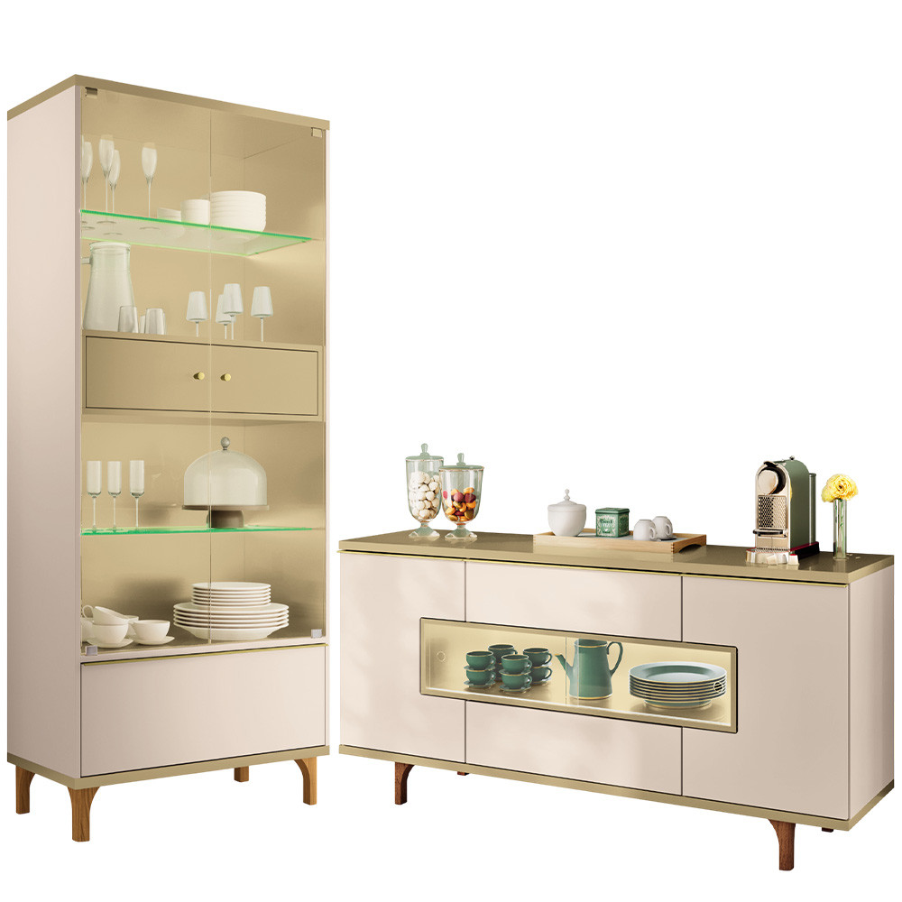 Kit Aparador Buffet Lizzano e Cristaleira Com LED Para Sala De Jantar Lúmen B01 Off White Champanhe - Lyam Decor