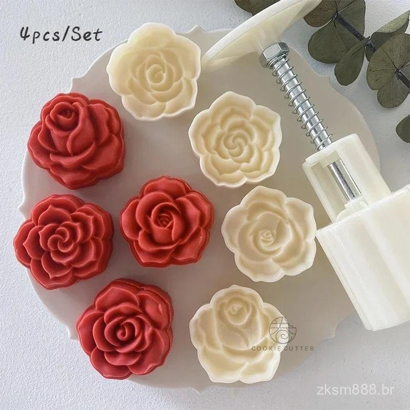 Conjunto de 4 peças de moldes para pastelaria com padrão de flor de cerejeira rosa, ferramentas de moldagem manuais.