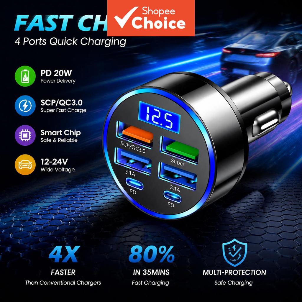 1OCS PD Carregador Veicular QC3.0 Carregamento Rápido Um para Seis Isqueiro 5 Portas Carregador Veicular com Display