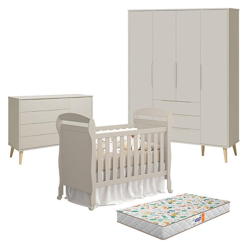 Quarto de Bebê 4 Portas com Cômoda com Porta Elfe Retrô e Berço Danny Areia Acetinado Natural com Colchão Gazin - Reller