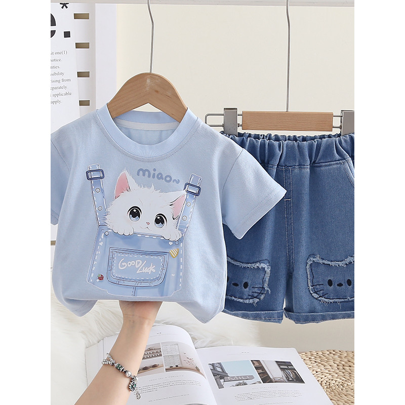 Meninas roupas de verão 2026 novo estilo moda dos desenhos animados terno de manga curta bebê verão moda crianças roupas