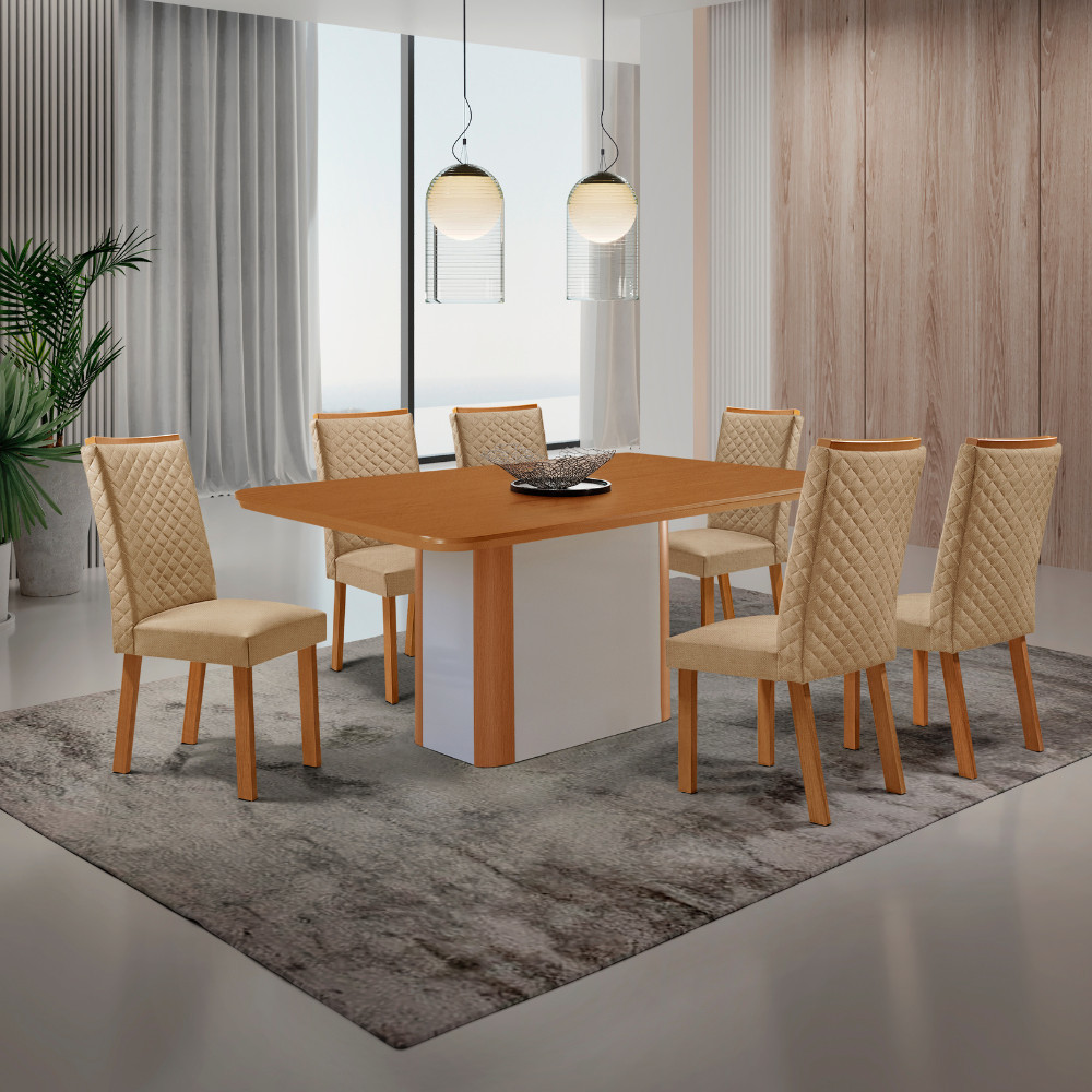 Mesa de Jantar Isadora 180 Cm Tampo MDF Canto Copo Laminado Com 6 Cadeiras Lira