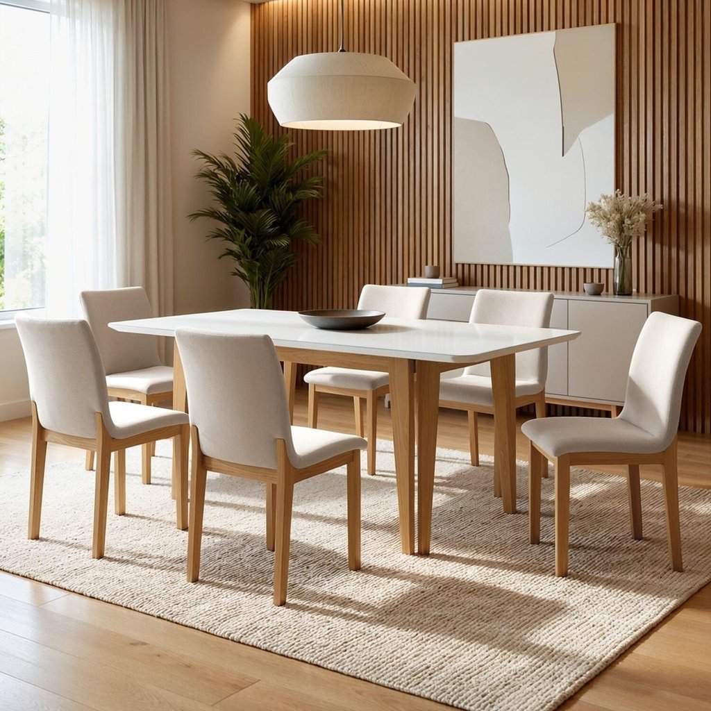 Conjunto Sala de Jantar 6 Lugares Retangular Tampo Vidro Base Madeira Maciça Mesa e Cadeiras Bella Marrom Cinamomo/Off