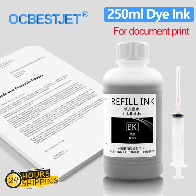 Tinta de recarga preta a granel de 250ML para cartuchos de impressora jato de tinta HP, Epson, Canon, Brother, CISS para
