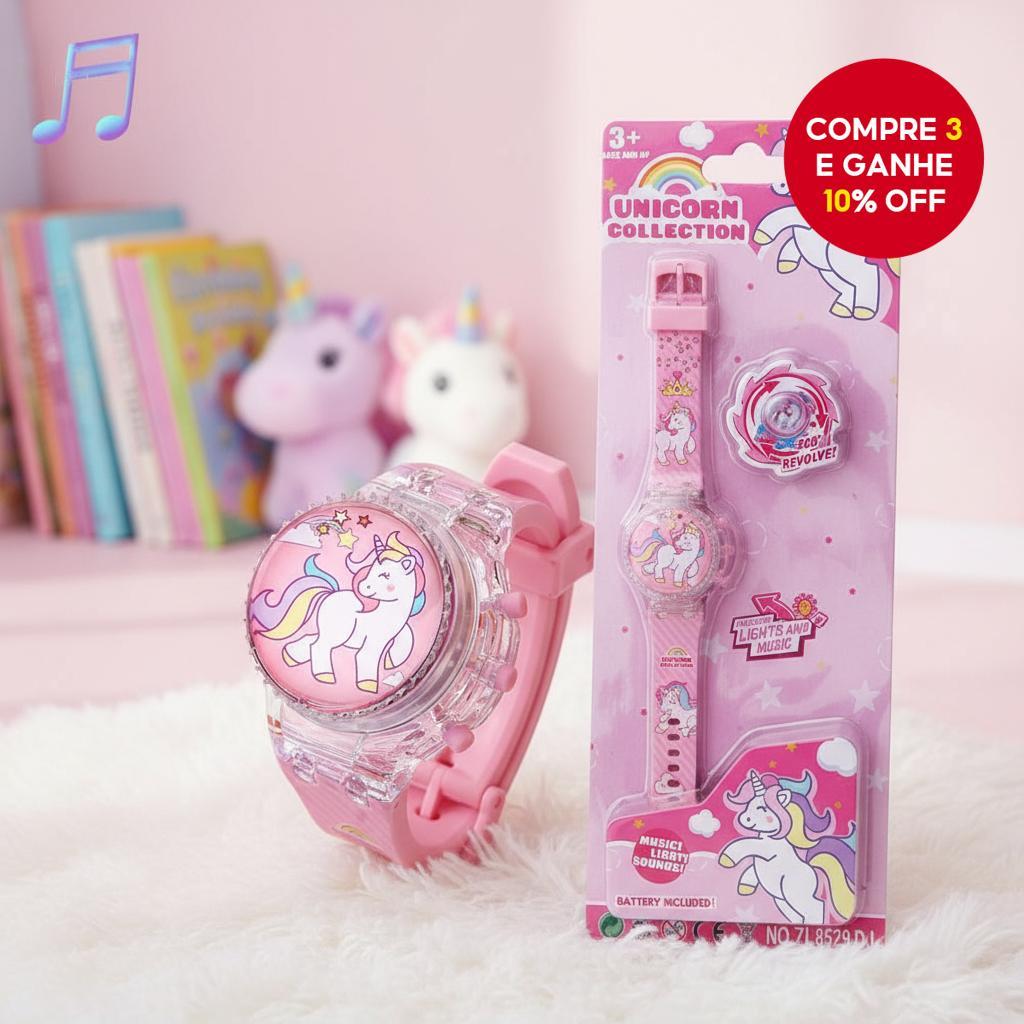 Relógio LED Rosa Unicórnio para Meninas e Crianças, Giratório e com Música, Relógio de Brinquedo Infantil de Desenho