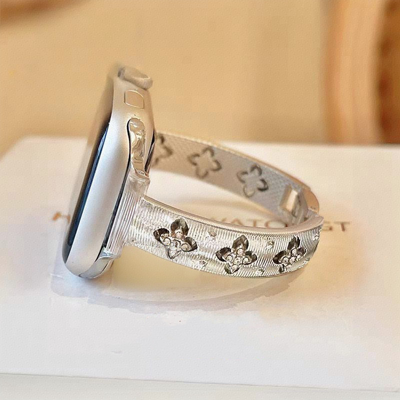 Pulseira De Metal Com Diamante E Flor De Quatro Folhas Para Apple Watch Band 40/44 41/45 10S 42/46mm , Feminina Fina Ele