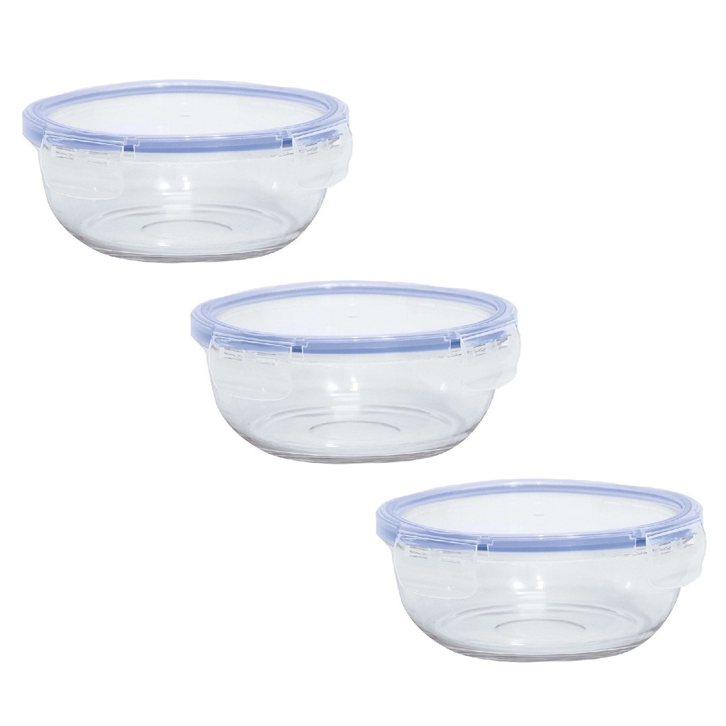 Jogo 3 Potes Marmita Redondo Vedação 4 Travas Antivazamento Freezer Micro-ondas 1L Refratário Guardar Comida Vidro